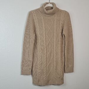 Caitlin M. Covington x Pink Lily Beige Cable Knit Turtleneck Sweater Tunic Women